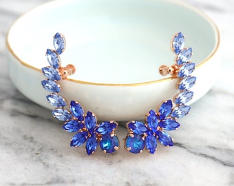 Puede incluir: Pendientes trepadores con diseño floral. Los pendientes presentan un degradado de cristales azules, de claro a zafiro intenso, engastados sobre una base de oro rosa. Los pendientes se exhiben sobre una superficie blanca.