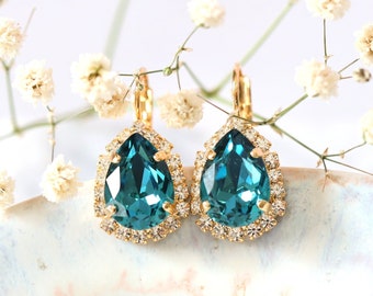 Blue Teal Earrings, Blue Zircon Crystal Earrings, Bridal Blue Teal Earrings, Oasis Blue Crystal Drop Earrings, Bridesmaids Earrings