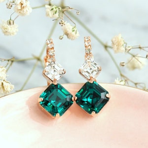 Emerald Crystal Drop Earrings, Bridal Emerald Drop Earrings, Dark Green Emerald Lever Back Earrings, Bridesmaids Earrings, Gift For Her