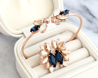 Blue Navy Bridal Set, Bridal Blue Navy Crystal Bracelet, Blue Navy Cuff Bracelet, Blue Navy Wedding Jewelry Set, Blue Sapphire Bridal Set