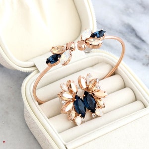 Blue Navy Bridal Set, Bridal Blue Navy Crystal Bracelet, Blue Navy Cuff Bracelet, Blue Navy Wedding Jewelry Set, Blue Sapphire Bridal Set