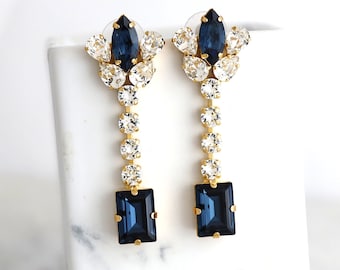 Blue Navy Chandelier Crystal Earrings, Bridal Blue Navy Statement Drop Earrings, Sapphire Blue Chandeliers Earrings, Old Hollywood Earrings