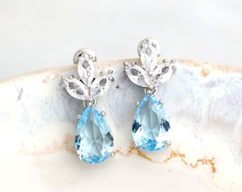AQUAMARINE Earrings, Aquamarine Bridal Drop Earrings, Light Blue Bridal Stud Earrings, Aquamarine Chandelier Earrings, Bridesmaids Earrings