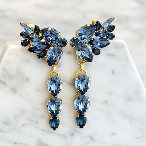 Blue Navy Chandelier Earrings, Blue Navy Climbing Chandelier Earrings, Bridal Dark Blue Earrings, Statement Blue Navy Ear Crawler Earrings image 8