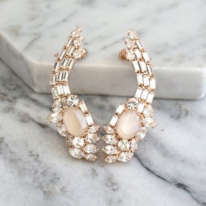 Ivory Crystal Earrings, Ear cuff earrings, Bridal Climber Crystal Earrings, Taupe Crystal Ear Climber Earrings, Crawler Gold Earrings