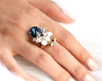 Blue Navy Ring, Dark Blue Navy Cocktail Ring, Crystal Statement Ring, Crystal Cocktail Ring, Blue Cocktail Ring, Gift For Her, Blue Ring