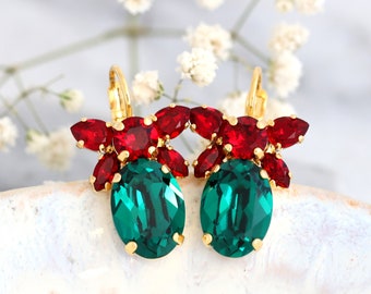 Christmas Earrings, Christmas Gift For Her, Emerald Drop Earrings, Emerald Red Ruby Earrings, Green Red Earrings, Emerald Crystal Earrings