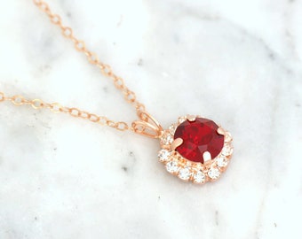 Red Ruby Necklace, Red Crystal Necklace, Gift For Her, Crimson Red Crystal Gold Necklace, Garnet Red Silver Necklace, Bridesmaids Gifts