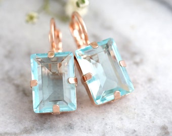 Aquamarine Drop Earrings, Bridal Blue Light Earrings, Crystal Aquamarine Drop Gold Earrings, Bridesmaids Earrings, Step Cut Earrings