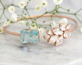 Aquamarine Bracelet, Bridal Bracelet, Bridal Blue Cuff Bracelet, Swarovski Rose Gold Crystal Bracelet, Light Blue Bracelet, Bridesmaids Gift