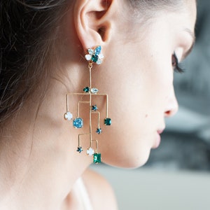 Chandelier Earrings, Long Statement Emerald Earrings, Light Drop Dangle Earrings, Trending Crystal Earrings, Bridal Crystal Earrings image 2