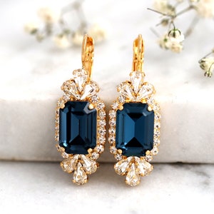 Blue Navy Earrings, Bridal Blue Navy Earrings, Dark Blue Crystal Lever Back Earrings, Bridesmaids Earrings, Emerald Cut Crystal Earrings