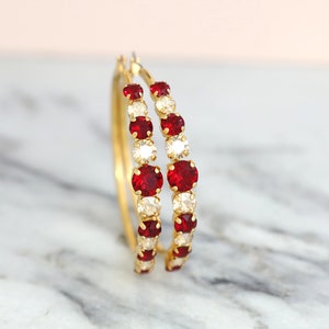 Red Gold Earrings, Red Ruby Crystal Hoop Earrings, Oversize Hoop Earrings, Christmas Gift For Her, Bridal Red Crystal Hoop Earrings