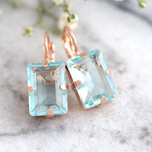 Aquamarine Drop Earrings, Bridal Blue Light Earrings, Crystal Aquamarine Drop Gold Earrings, Bridesmaids Earrings, Step Cut Earrings