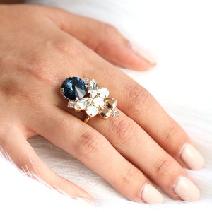 Blue Navy Ring, Donkerblauwe Marine Cocktail Ring, Crystal Statement Ring, Crystal Cocktail Ring, Blauwe Cocktail Ring, Cadeau voor haar, Blauwe Ring