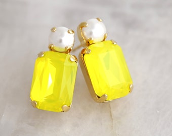 Yellow Neon Stud Earrings, Ultra Yellow Crystal Bridal Earrings, NeonYellow Bridesmaids Earrings, Lemon Yellow Studs, Gift For Her