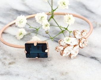 BLUE NAVY BRACELET, Blue Navy Crystal Gold Bridal Bracelet, Dark Blue Silver Crystal Bracelet, Bridal Blue Navy Rose Gold Cuff Bracelet