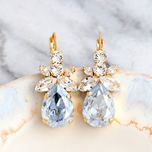 Dusty Blue Earrings, Bridal Dusty Blue Earrings, Dusty Blue Crystal Drop Earrings, Bridal Dusty Blue Drop Earrings, Bridesmaids Earrings Gold Plated/shown