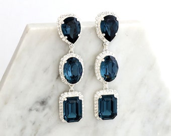 Blue Navy LONG Earrings, Bridal Blue Silver Earrings, Bridal Dark Blue Silver Crystal Earrings, Bridal Earrings, Statement Blue Earrings