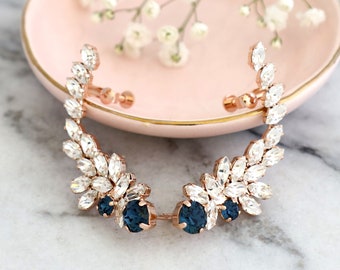 Blue Navy Earrings, Blue Navy Ear cuff earrings, Bridal Blue Climber Crystal Earrings, Sapphire Ear Climber Earrings, Rock-enroll Bridal