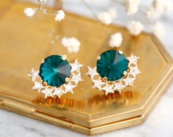 Emerald Green Earrings, Dark Green Austrian Crystal Earrings, Christmas Gift For Her, Christams Jewelry, Forest Green Star Stud Earrings