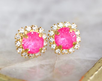 Pink Stud Earrings, Electric Pink Crystal Stud Earrings, Neon Pink Earrings, Gift for Her, Bridesmaids Earrings, Pink Earrings For Girls