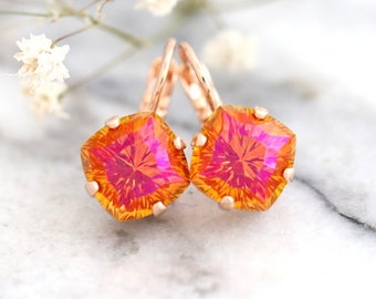 Orange Earrings, Orange Drop Crystal Earrings, Bridal Orange Crystal Drop Earrings, Orange Pink Crystal Earrings, Bridesmaids Earrings