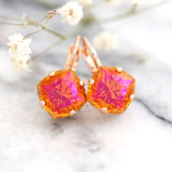 Orange Earrings, Orange Drop Crystal Earrings, Bridal Orange Crystal Drop Earrings, Orange Pink Crystal Earrings, Bridesmaids Earrings