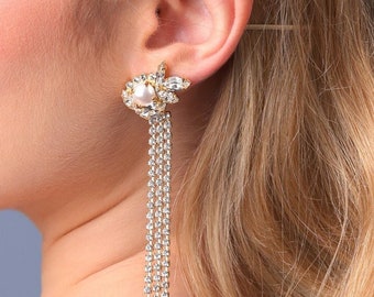 Bridal Long Pearl Drop Earrings, Bridal Crystal Pearl Chandelier Earrings, Bridal Tassel Pearl Earrings, Bridal Pearl Climbing Earrings