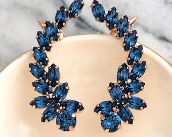 Blue Navy Climbing Earrings, Sapphire Blue Bridal Crystal Ear Crawler Earrings, Bridal Dark Blue Climber Crystal Earrings, Wedding Jewelry