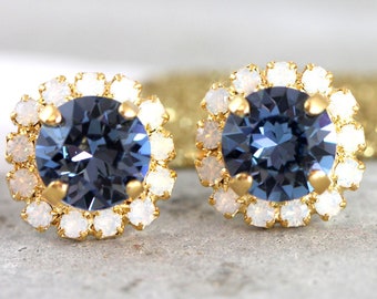 Blue Navy Earrings, Dark Blue Bridal Crystal Stud Earrings, Navy Blue Rhinestone Earrings, Bridesmaids Earrings, Blue Sapphire Crystal Studs