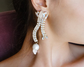 Ivory Cream Long Earrings, Statement Opal Crystal Earrings, Baroque Pearl Earrings, Bridal Crystal Oversize Earrings, Bridal Pearl Earrings