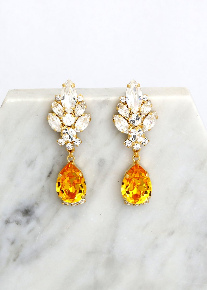 Yellow Chandelier Earrings, Yellow Topaz Drop Earrings, Yellow Bridal Drop Earrings, Bridal Chandelier Earrings, Yellow Crystal Earrings image 1