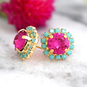 Pendientes rosas, tachuelas turquesas rosas, aretes rosas de cristal fucsia, joyas de damas de honor, pendientes rosas de cristal, regalo para ella, tachuelas rosas imagen 4