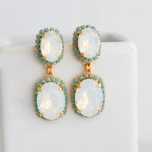 White Opal Earrings, Bridal White Opal Drop Earrings, Bridal Turquoise Chandelier Earrings, Bridal Crystal Earrings, Something Blue image 1