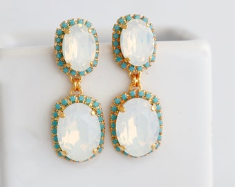 White Opal Earrings, Bridal White Opal Drop Earrings, Bridal Turquoise Chandelier Earrings, Bridal Crystal Earrings, Something Blue