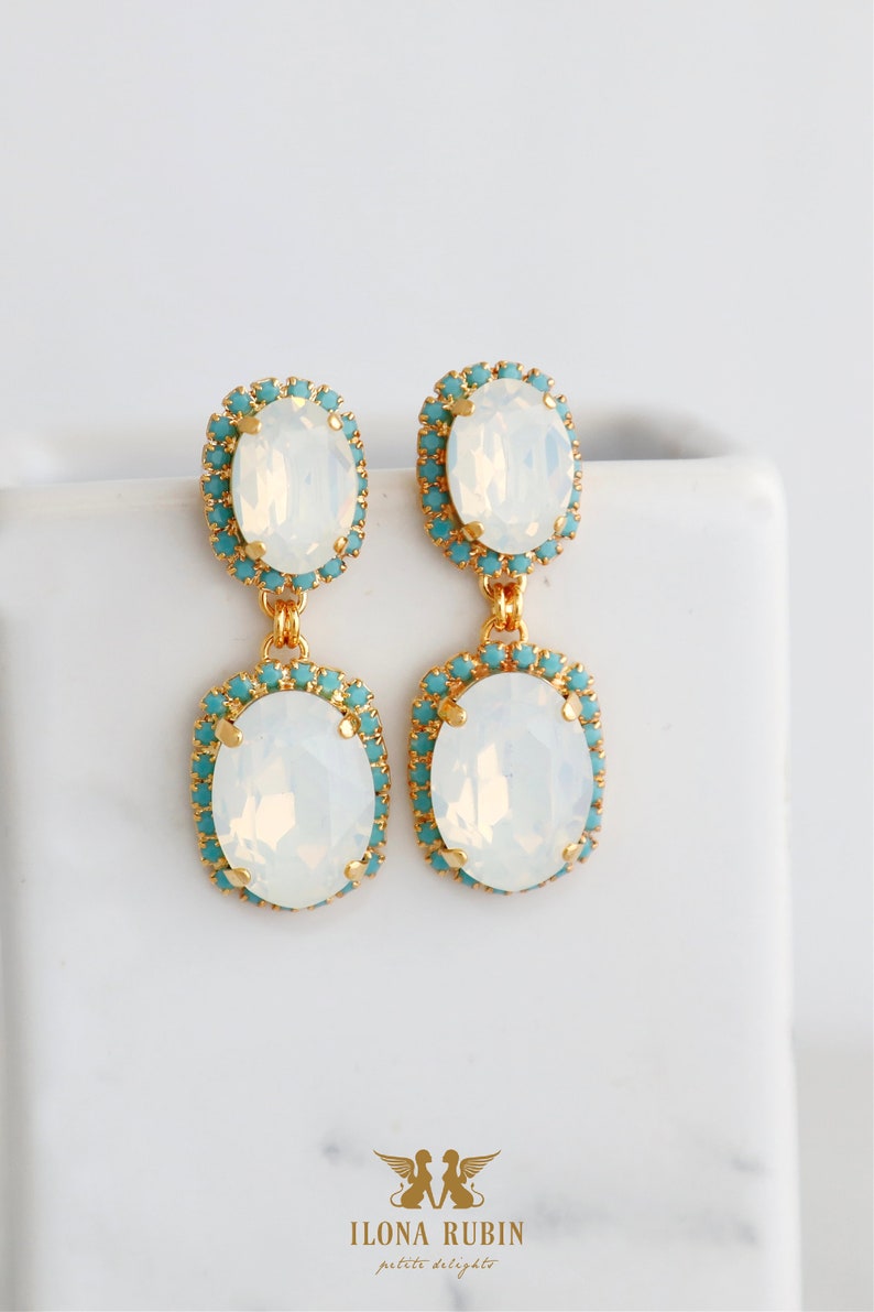 White Opal Earrings, Bridal White Opal Drop Earrings, Bridal Turquoise Chandelier Earrings, Bridal Crystal Earrings, Something Blue image 1