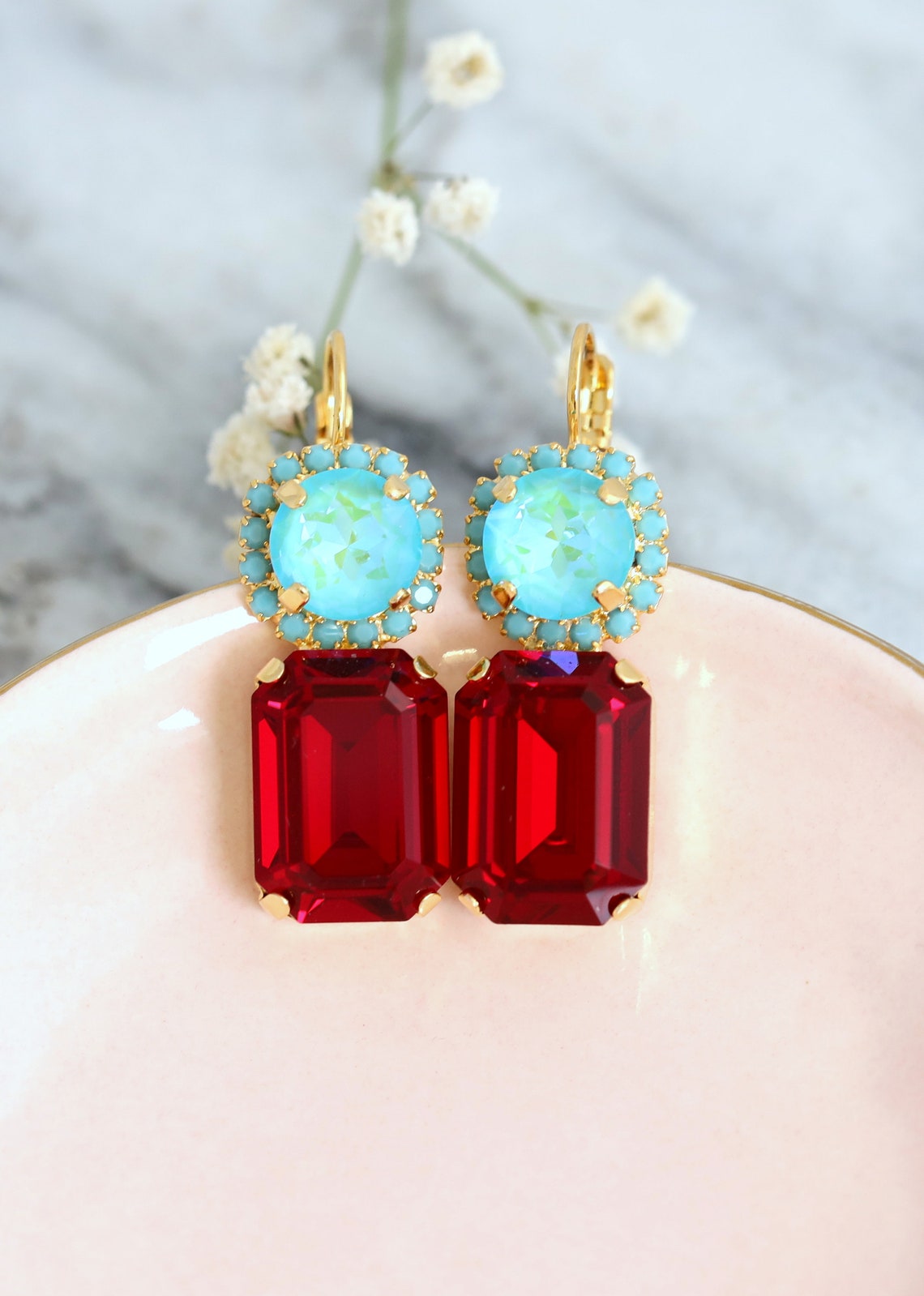 Red Ruby Drop Earrings Red Green Earrings Red Turquoise Etsy