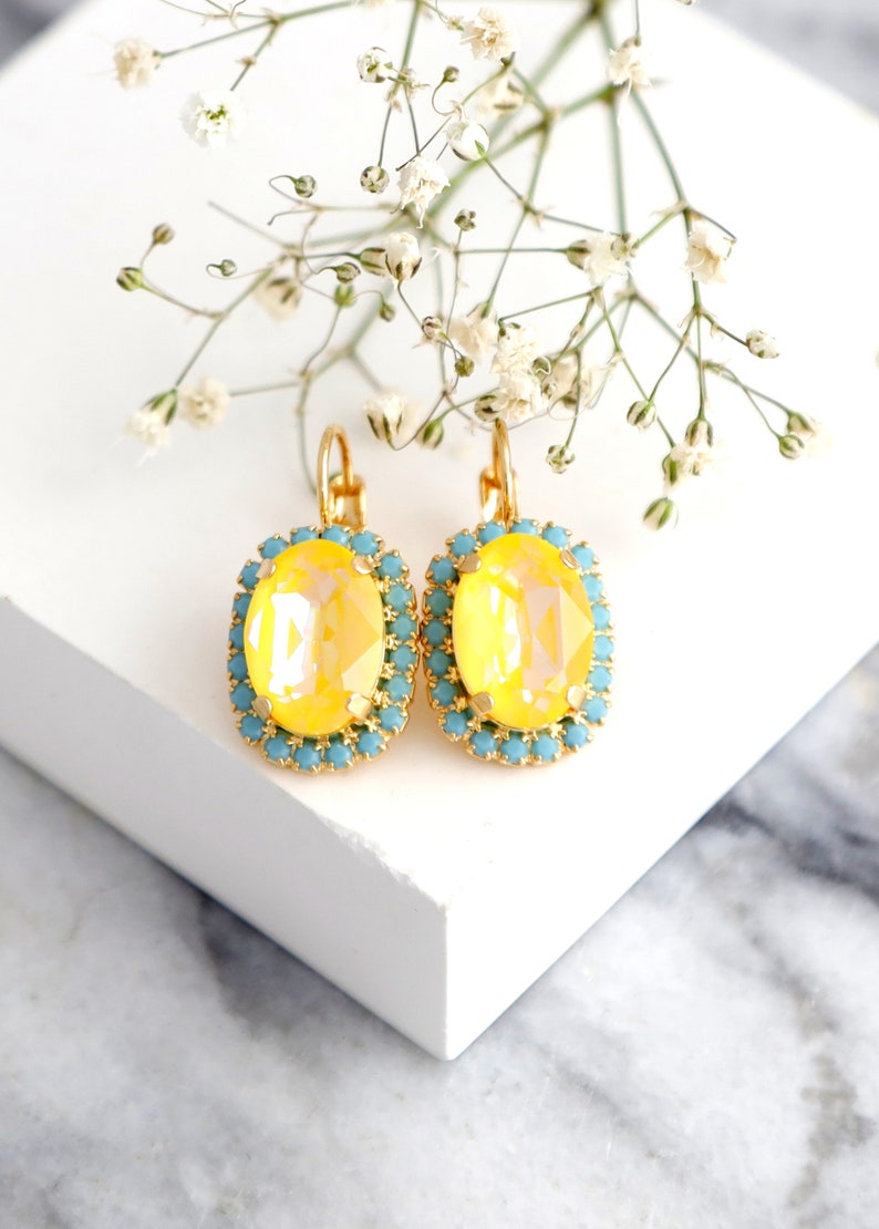 Yellow Drop Earrings, Ultra Yellow Drop Earrings, Yellow Blue Drop Earrings, Yellow Crystal Earrings, Gift For Mother, Bridesmaids Gifts image 2