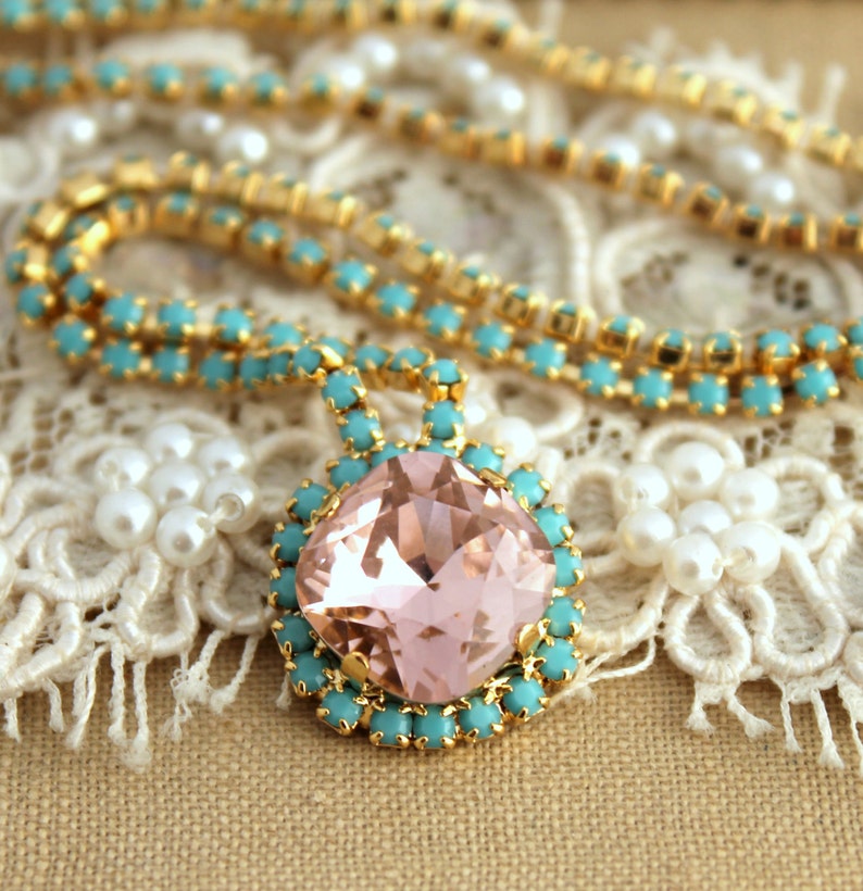 Blush Pink Necklace Pink Turquoise Swarovski Necklace Bridal Etsy