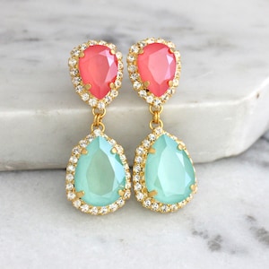 Coral Mint Earrings, Mint Coral Chandelier Earrings, Peach Green drop Crystal Earrings, Bridal Coral Mint Dangle Earrings, Drop Earrings image 1