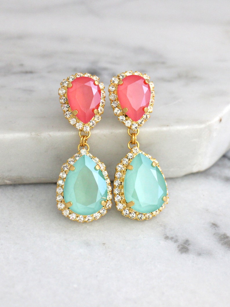 Coral Mint Earrings, Mint Coral Chandelier Earrings, Peach Green drop Crystal Earrings, Bridal Coral Mint Dangle Earrings, Drop Earrings image 1