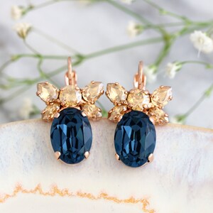 Blue Navy Earrings, Bridal Blue Drop Crystal Earrings, Bridesmaids Earrings, Dark Blue Sapphire  Bridal Crystal Earrings, Gift For Her.