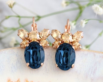 Blue Navy Earrings, Bridal Blue Drop Crystal Earrings, Bridesmaids Earrings, Dark Blue Sapphire  Bridal Crystal Earrings, Gift For Her.