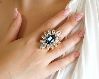Blue Cocktail Ring, Navy Blue Crystal Cocktail Ring, Blue Sapphire Statement Crystal Ring, Adjustable Crystal Ring, Dark Blue Crystal Ring