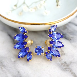 Ear Climber earrings, Blue Sapphire Climbing earrings, Cobalt Blue Ear Cuff Earrings, Blue Sapphire Ear Crawler Crystal Earrings image 2