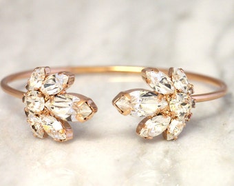Bridal Crystal Bracelet, Bridal Crystal Rose Gold Bracelet, Bridal Crystal Cuff, Bridesmaids Jewelry, Cuff Bracelet, Open cuff Gold Bracelet