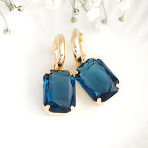 Blue Navy Earrings, Sapphire Blue Crystal Huggie Earrings, Bridal Crystal Hoops, Vintage-Inspired Dark Blue Drop Earrings, Blue Earrings