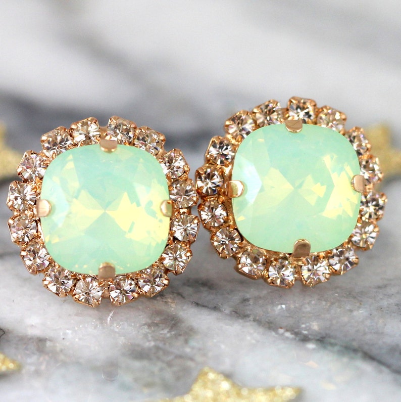 Mint Green Stud Earrings Mint Opal Crystal Earrings Bridal Etsy