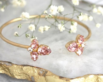 Bridal Crystal Bracelet, Blush  Bracelet, Morganite Cuff Bracelet, Crystal Gold Bracelet, Dusty Rose Bracelet, Bridesmaids Cuff Bracelet.